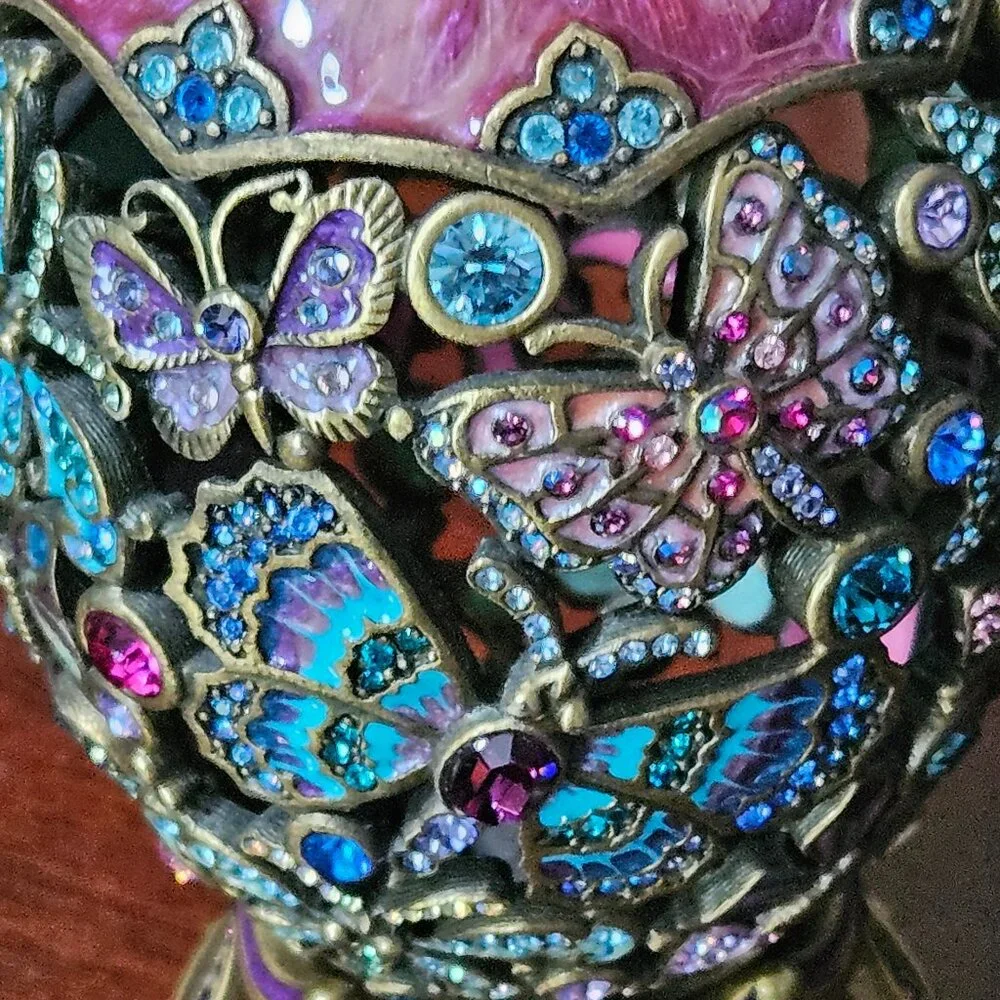 RARE JAY STRONGWATER AMARYLLIS BUTTERFLY ENAMEL CRYSTAL EGG OBJET FIGURINE STAND